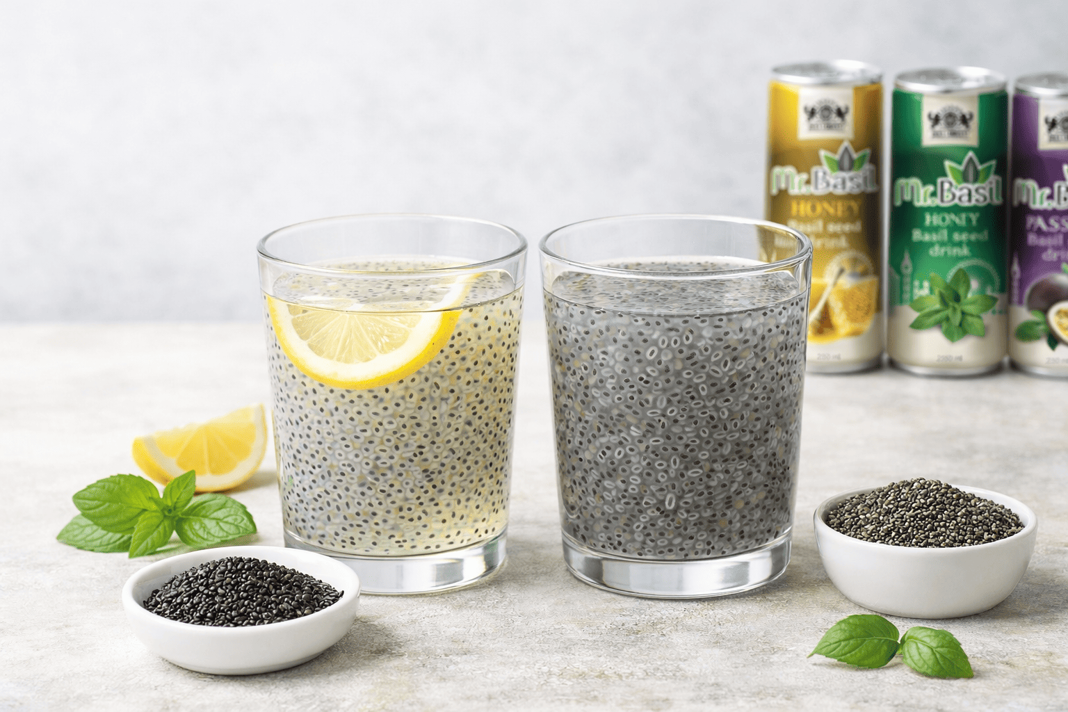 Equal measured teaspoons of dry basil seeds and chia seeds side by side for nutrition comparison